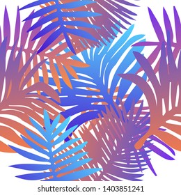 Tropical botanical seamless vector pattern with palm leaves. Vivid neon gradient colors, synthwave/ vaporwave/ retrowave 80s-90s style aesthetics.