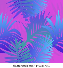 Tropical botanical seamless vector pattern with palm leaves. Vivid neon gradient colors, synthwave/ vaporwave/ retrowave 80s-90s style aesthetics.