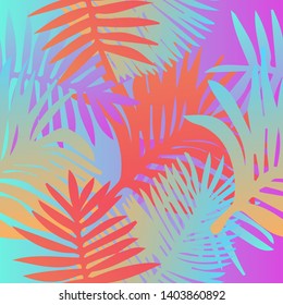 Tropical botanical seamless vector pattern with palm leaves. Vivid neon gradient colors, synthwave/ vaporwave/ retrowave 80s-90s style aesthetics.