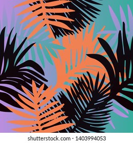 Tropical botanical seamless vector pattern with palm leaves. Vivid neon gradient colors, synthwave/ vaporwave/ retrowave 80s-90s style aesthetics.