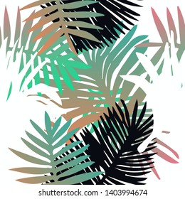 Tropical botanical seamless vector pattern with palm leaves. Vivid gradient colors, synthwave/ vaporwave/ retrowave 80s-90s style aesthetics.