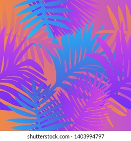 Tropical botanical seamless vector pattern with palm leaves. Vivid neon gradient colors, synthwave/ vaporwave/ retrowave 80s-90s style aesthetics.