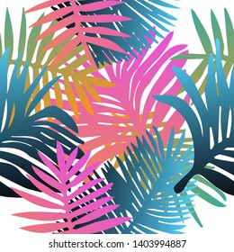 Tropical botanical seamless vector pattern with palm leaves. Vivid neon gradient colors, synthwave/ vaporwave/ retrowave 80s-90s style aesthetics.