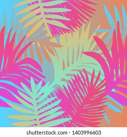 Tropical botanical seamless vector pattern with palm leaves. Vivid neon gradient colors, synthwave/ vaporwave/ retrowave 80s-90s style aesthetics.