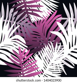 Tropical botanical seamless vector pattern with palm leaves. Vivid neon gradient colors, synthwave/ vaporwave/ retrowave 80s-90s style aesthetics.