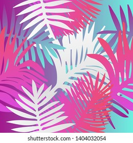 Tropical botanical seamless vector pattern with palm leaves. Vivid neon gradient colors, synthwave/ vaporwave/ retrowave 80s-90s style aesthetics.