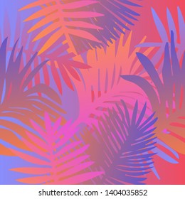 Tropical botanical seamless vector pattern with palm leaves. Vivid neon gradient colors, synthwave/ vaporwave/ retrowave 80s-90s style aesthetics.