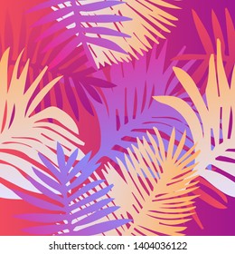 Tropical botanical seamless vector pattern with palm leaves. Vivid neon gradient colors, synthwave/ vaporwave/ retrowave 80s-90s style aesthetics.