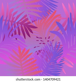 Tropical botanical seamless vector pattern with palm leaves. Vivid neon gradient colors, synthwave/ vaporwave/ retrowave 80s-90s style aesthetics.