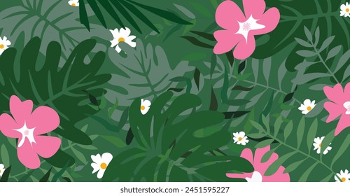 Tropical botanical seamless vector pattern. Monstera, palm, clove leaves pattern with spring can be used for wallpaper, pattern fills, web page background, surface textures, Textiles.