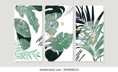 Tropical Botanical Triptych Wall Art Vector. Abstract Art Background With Palm Leaves , Monstera Leaf, Golden Line Drawing  And Watercolor Hand Painting Design For Wall Decor, Poster And Wallpaper.