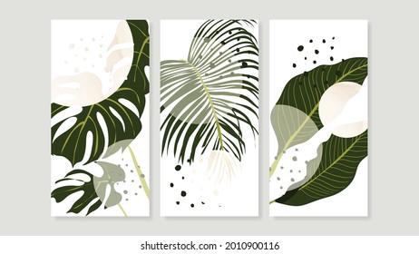 Vector de arte trípico botánico trípico de pared. Resumen de fondo de arte con hojas de palma , hoja de Monstera, dibujo de línea dorada y diseño de pintura a mano acuarela para la decoración de paredes, afiche y papel pintado.