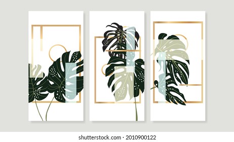 Tropical botanical triptych wall art vector. Abstract art background with palm leaves , Monstera leaf, Golden line drawing  and watercolor hand painting design for wall decor, poster and wallpaper.