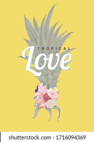 Tropical botanical typographic poster, Bromeliaceae decorated with various flowers with tropical love lettering