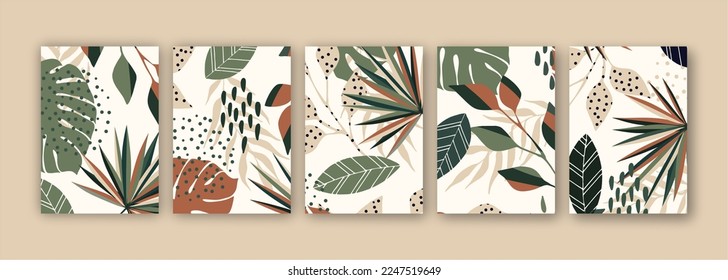 Vector de arte tropical botánico de pared. Resumen de fondo artístico con hojas de palma, hojas de monstera y diseño para la decoración de la pared, afiche y papel pintado.