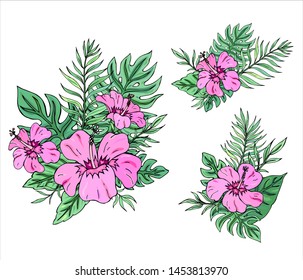 Tropical bouquet exotic flowers of hibiscus and leaves. Vector isolated illustration on white background. Composition for invitation to party or holiday.