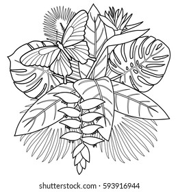 Tropical bouquet with flowers, leaves and butterfly. Coloring page of tropic floral composition isolated on white background.
