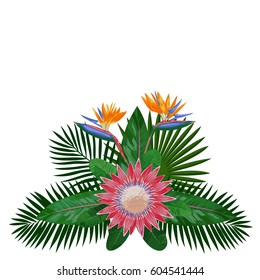 Tropical bouquet with flowers and leaves. Tropic floral composition isolated on white background. Mock up for postcards, wedding invitations, templates, greeting cards.