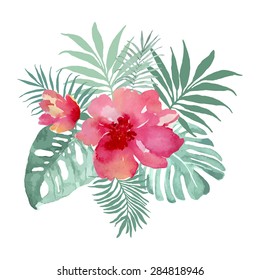 Tropical bouquet with flowers and palm leaves. Watercolor illustration, vector.