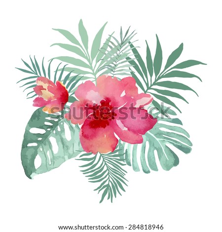 Tropical bouquet with flowers and palm leaves. Watercolor illustration, vector.