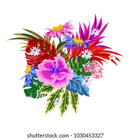 Tropical bouquet of hibiscus and exotic leaves. Decor elements for greeting cards, wedding invitations, birthday and other celebrations. Isolated on white background.