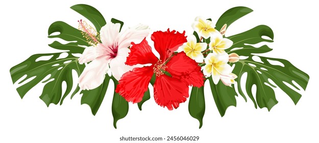 Tropical bouquet with hibiscus flower, plumeria and monstera leaves. Stock vector illustration on a white background.