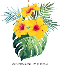 Tropical bouquet. Hibiscus, plumeria, monstera, paradise flower, palm leaf