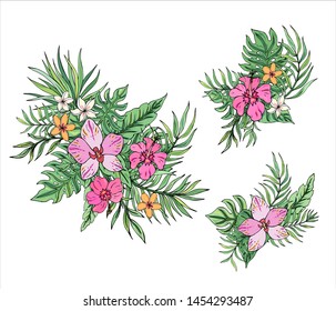 Tropical bouquet with hibiscus, plumeria, orchid and palm leaves. Vector isolated illustration on white background. Tropical garden for wedding invitations, greeting card and fashion design.Set exotic