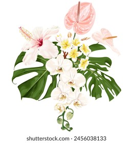 Tropical bouquet with orchid and hibiscus flower, plumeria, anthurium and monstera leaves. Stock vector illustration on a white background.