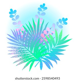 Tropical bouquet, palm leaves. Color and grainy gradient. Great for decorating invitations, backgrounds, textiles, packaging.