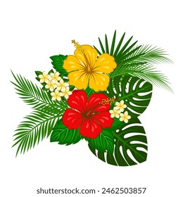 Tropical bouquet with palm leaves and hibiscus flowers vector illustration isolated on white background, decorative design element, print for clothing, accessories.