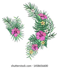 Tropical bouquet with plumeria, hibiscus and palm leaves. Vector isolated illustration on white background. Exotic set tropical garden for wedding invitations, greeting card and fashion design.