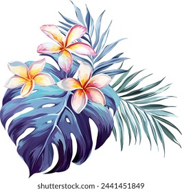 Tropical bouquet. Plumeria, monstera, palm leaf