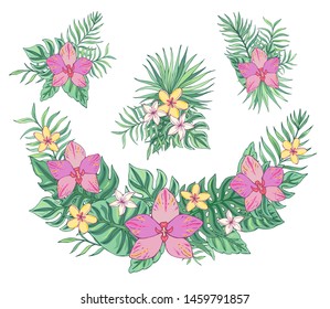 Tropical bouquet with plumeria, orchid and palm leaves. Vector isolated illustration on white background. Exotic set tropical garden for wedding invitations, greeting card and fashion design.