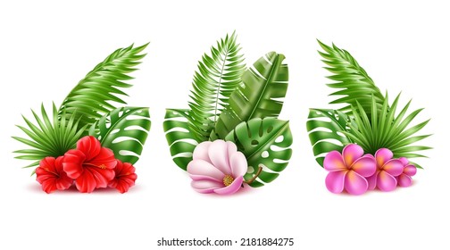 Tropical bouquet. Realistic beautiful flowers and exotic leaves compositions, floristry and decoration, jungle arrangement, monstera and hawaiian palm foliage with hibiscus, utter vector set