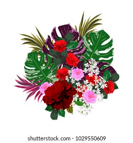 Tropical bouquet of roses and exotic leaves. Decor elements for greeting cards, wedding invitations, birthday and other celebrations. Isolated on white background.