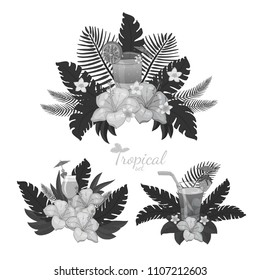Tropical bouquets with cocktails on a white background.You can use it for flyers, banners and menus, as well as for any other design