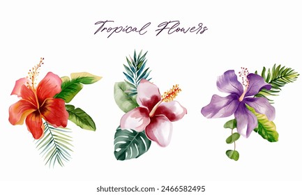 Ramos tropicales con hojas coloridas. Conjunto de flores tropicales de acuarela. Follaje exótico, floral silvestre. 