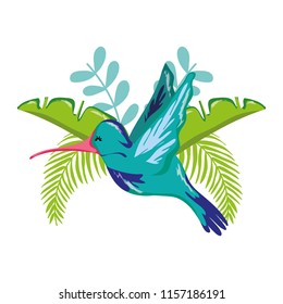 tropical branch leaves with hummingbird flying