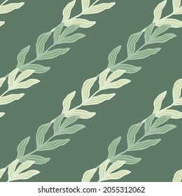 Tropical branch with leaves seamless pattern on green background. Foliage backdrop. Nature wallpaper. For fabric design, textile print, wrapping, cover. Vector illustration.
