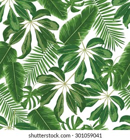 Tropical branches and leaves. Seamless detailed, botanical pattern. Vector background.