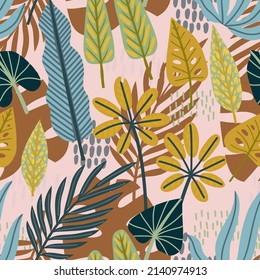 Tropical branches and leaves seamless pattern with doodle illustrations. Bright tropical background. Nature illustration for wrapping paper, textile, decorations.