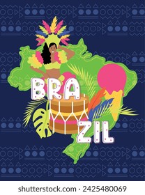 Tropical Brazil poster with map Vector illustration