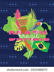 Tropical Brazil poster with map Vector illustration