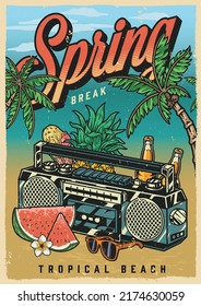 Tropical break vintage colorful flyer spring beach with musical equipment for party and cold food with beer vector illustration