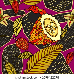 Tropical bright background with cocoa fruit and geometric elements.