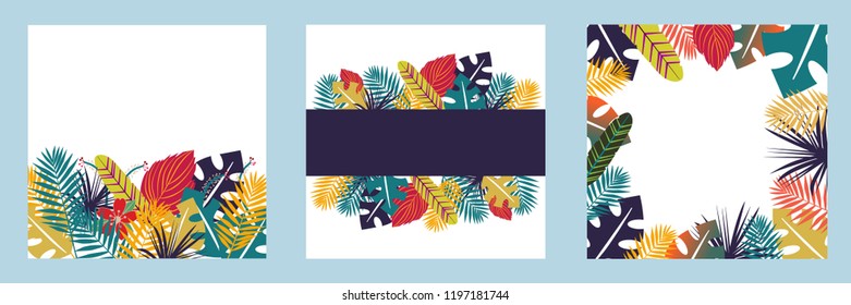 Tropical bright background SET with colorfull troical leaves. Herbal design with plants for cards, invitation, greeting design with blank space for a text.