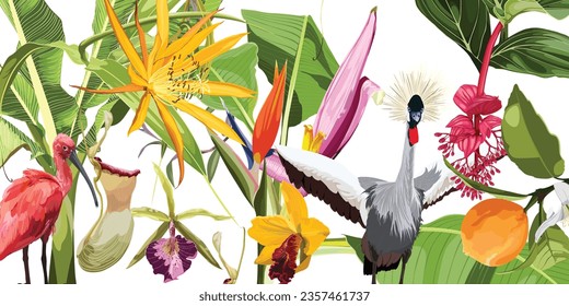 Tropical bright botanical landscape, palm tree, banana tree, plant. Floral border background. Exotic green jungle wallpaper or banner.
