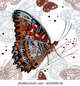 Tropical bright butterfly. Seamless texture for textiles.