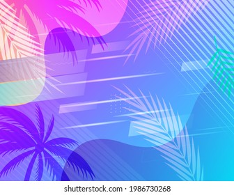 Tropical bright colorful background with exotic painted tropical palm leaves. Minimal fashion summer concept. Flat lay.
